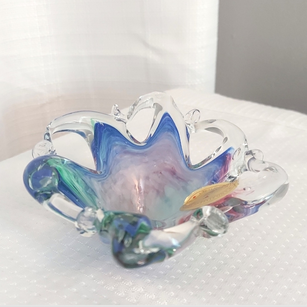 Crystal Clear Art Glass Swirl Bowl Whimsical Small Table Deco Trinket Dish Italy